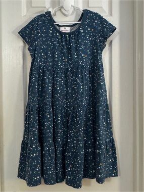 Hanna Andersson Girl Navy Blue Dot Tiered Short Sleeve Dress 100% Cotton